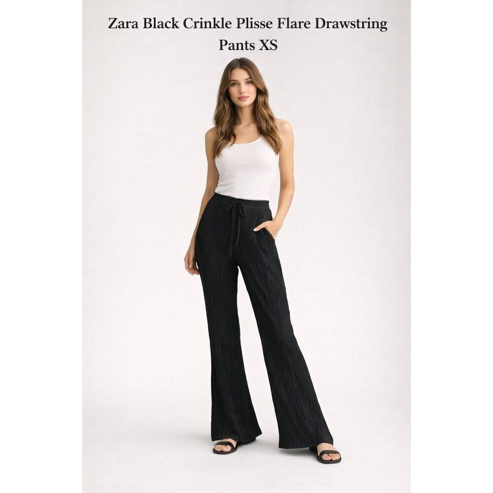 Zara Womens Semi Sheer Textured Wide Leg Black Pants Size XS